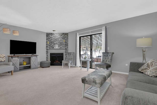 living room with a fireplace and carpet flooring