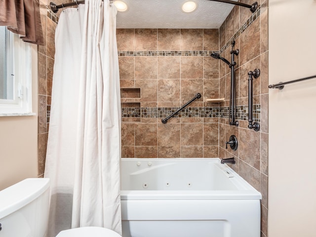 bathroom with a textured ceiling, toilet, and shower / bathtub combination with curtain