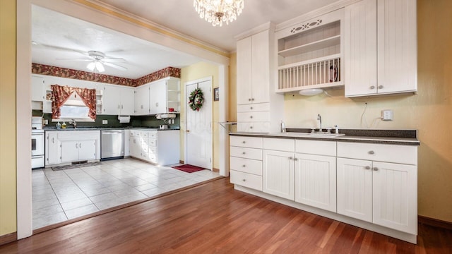 kitchen with white range, sink, light hardwood / wood-style flooring, dishwasher, and white cabinetry