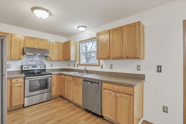 kitchen with decorative backsplash, sink, light wood-type flooring, and stainless steel appliances