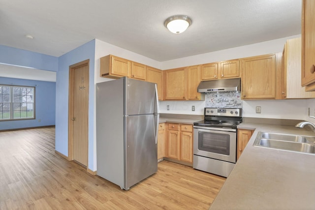 kitchen featuring light brown cabinets, sink, light hardwood / wood-style flooring, decorative backsplash, and stainless steel appliances