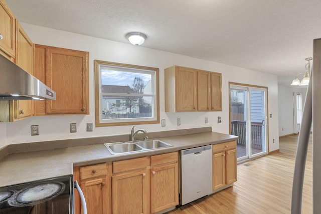 kitchen with dishwasher, stove, sink, light hardwood / wood-style flooring, and decorative light fixtures