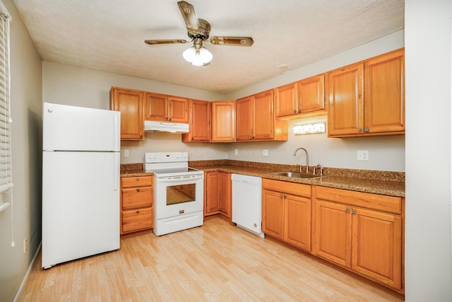 kitchen featuring sink, a textured ceiling, white appliances, and light hardwood / wood-style floors