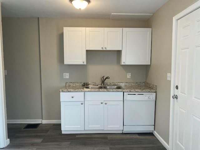 kitchen featuring dishwasher, white cabinetry, sink, and dark wood-type flooring