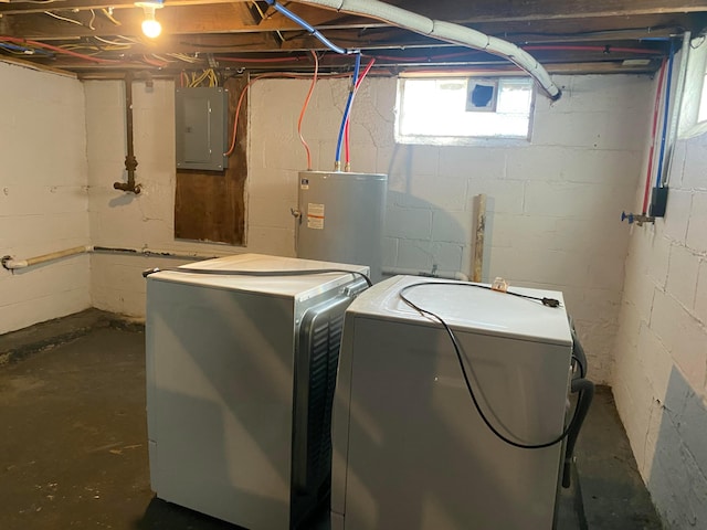 clothes washing area with washing machine and dryer, electric water heater, and electric panel