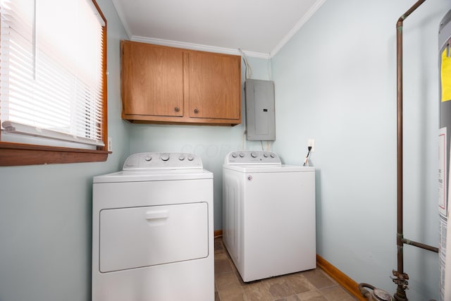 washroom featuring cabinets, electric panel, washer and clothes dryer, and ornamental molding