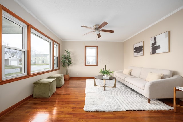 living room featuring hardwood / wood-style floors, ceiling fan, and crown molding