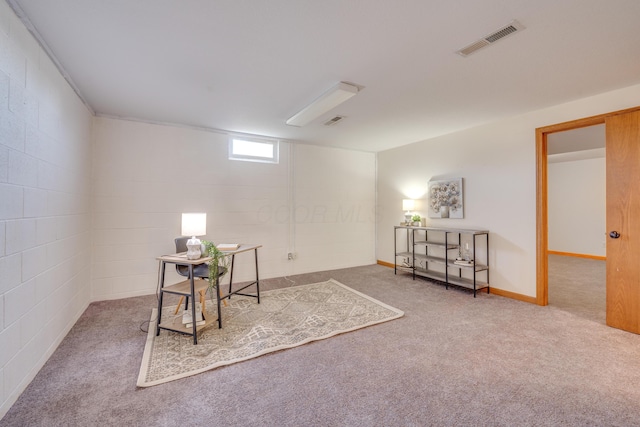 view of carpeted home office