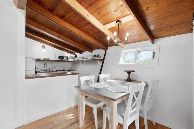 dining room with vaulted ceiling with beams, a chandelier, light hardwood / wood-style flooring, and wood ceiling