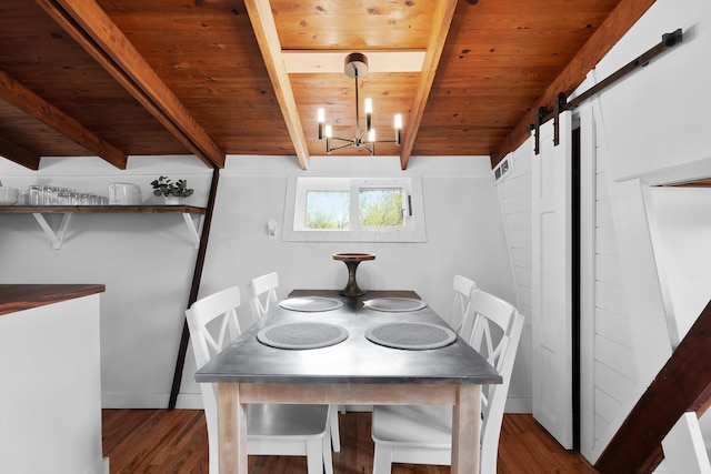 unfurnished dining area featuring dark hardwood / wood-style floors, a barn door, wooden ceiling, and beam ceiling