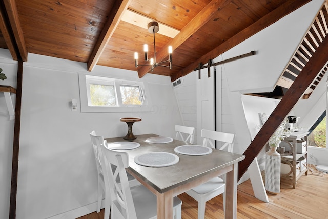 dining area with wooden ceiling, an inviting chandelier, a barn door, lofted ceiling with beams, and light wood-type flooring