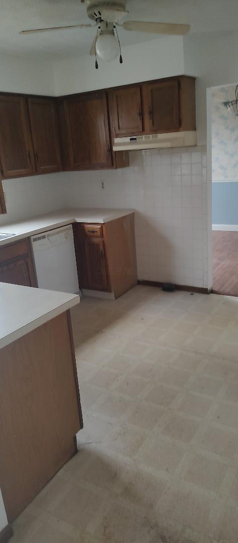 kitchen featuring dishwasher and ceiling fan