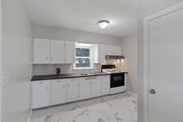 kitchen featuring decorative backsplash, sink, white cabinets, and white electric range