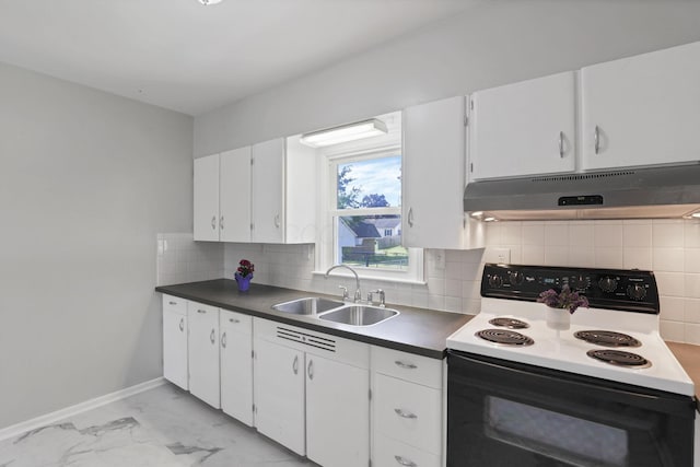 kitchen featuring decorative backsplash, sink, white cabinets, and white electric stove