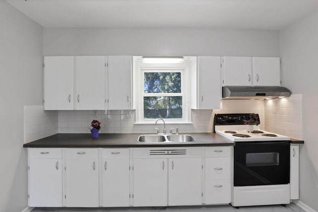 kitchen featuring backsplash, white cabinetry, sink, and white electric stove