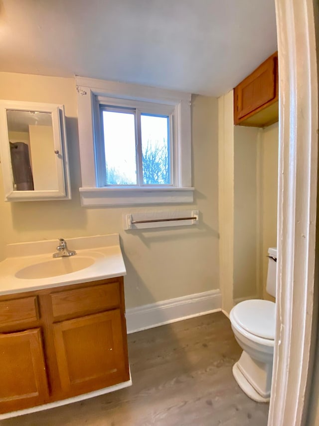 bathroom with vanity, hardwood / wood-style flooring, and toilet