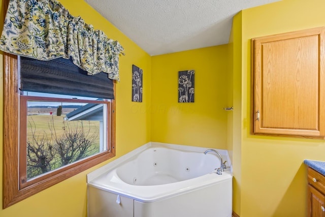 bathroom with vanity, a textured ceiling, and a bathing tub