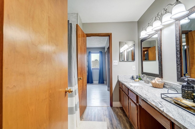 bathroom featuring hardwood / wood-style floors and vanity