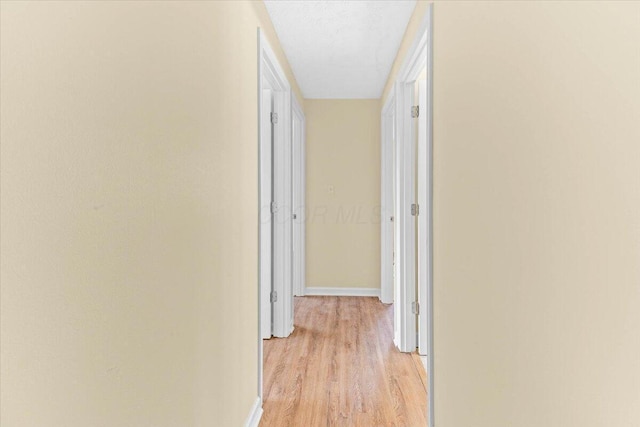 corridor featuring a textured ceiling and light hardwood / wood-style flooring