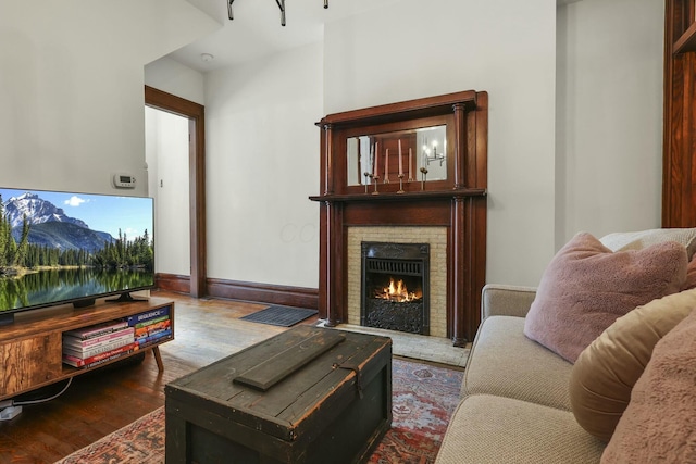 living room with dark hardwood / wood-style flooring