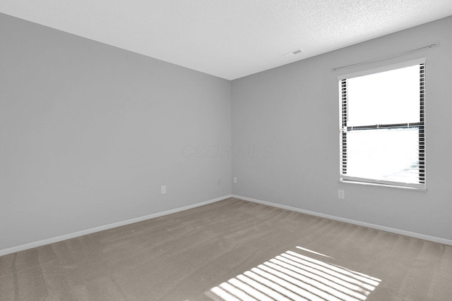 empty room with light carpet and a textured ceiling