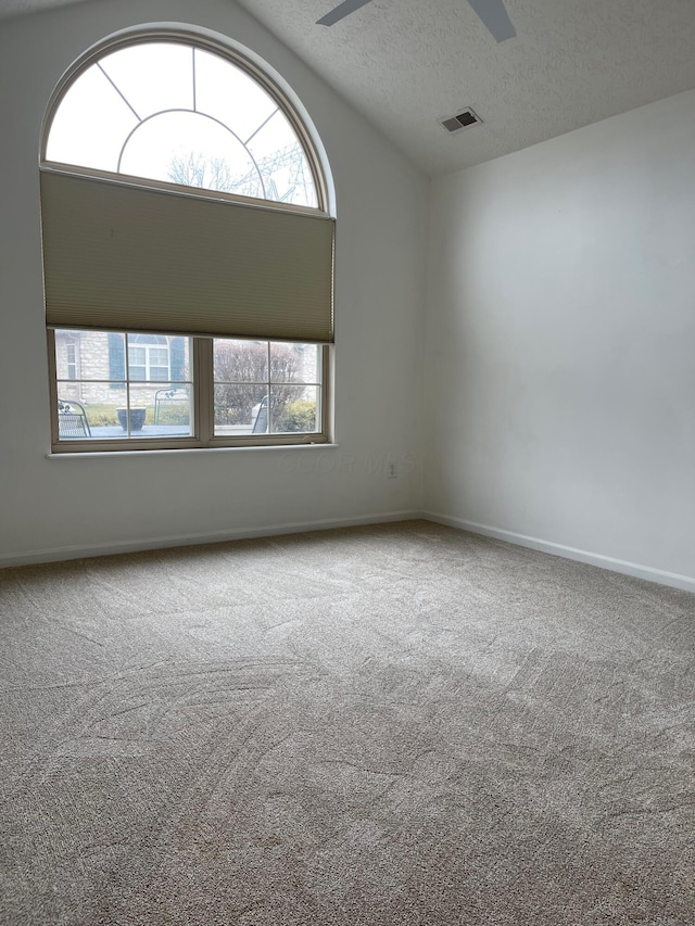 carpeted empty room featuring a textured ceiling, ceiling fan, and lofted ceiling