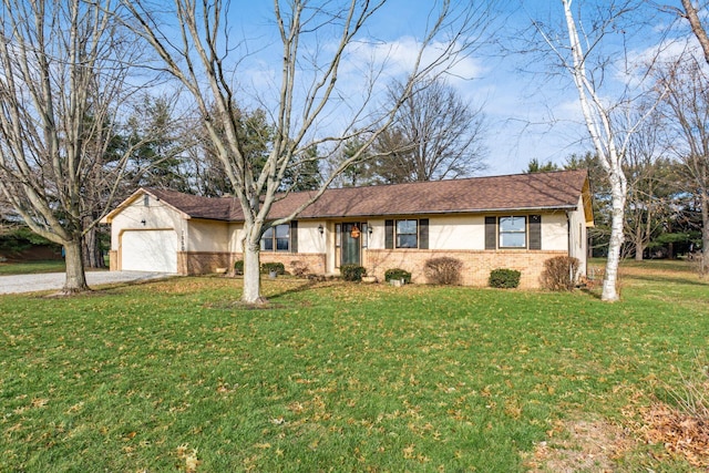 ranch-style home with a garage and a front lawn