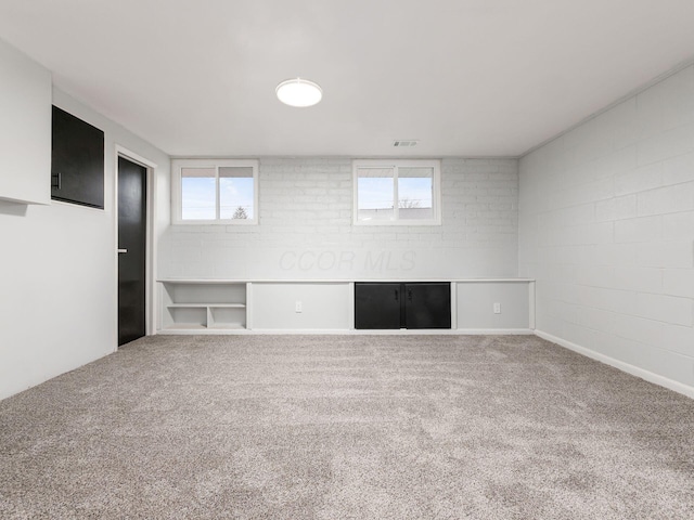 basement featuring carpet and brick wall