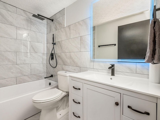 full bathroom featuring vanity, tiled shower / bath, toilet, tile walls, and tasteful backsplash