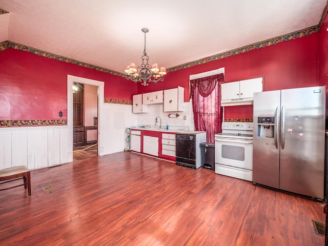 kitchen featuring dishwasher, white cabinets, electric stove, stainless steel refrigerator with ice dispenser, and decorative light fixtures