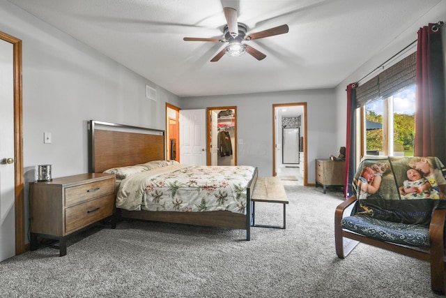 bedroom with ensuite bath, ceiling fan, a spacious closet, carpet floors, and a closet