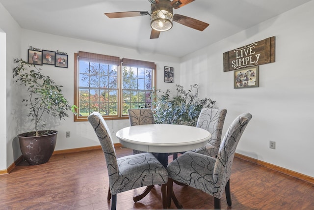 dining area featuring dark hardwood / wood-style flooring and ceiling fan