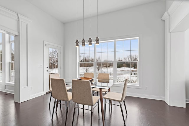 dining space with dark hardwood / wood-style floors