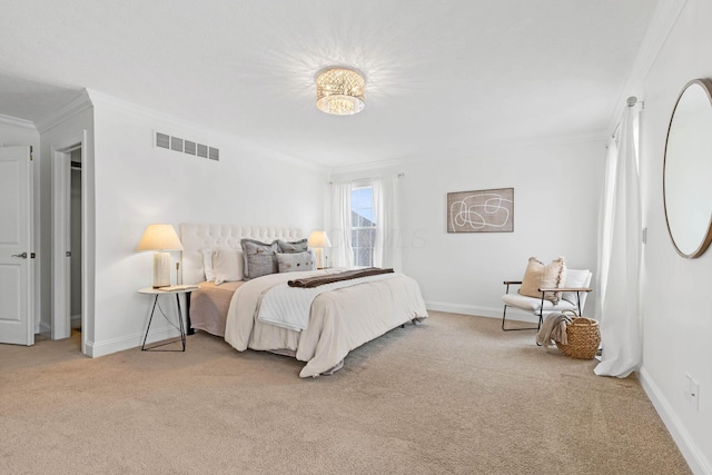 carpeted bedroom with crown molding