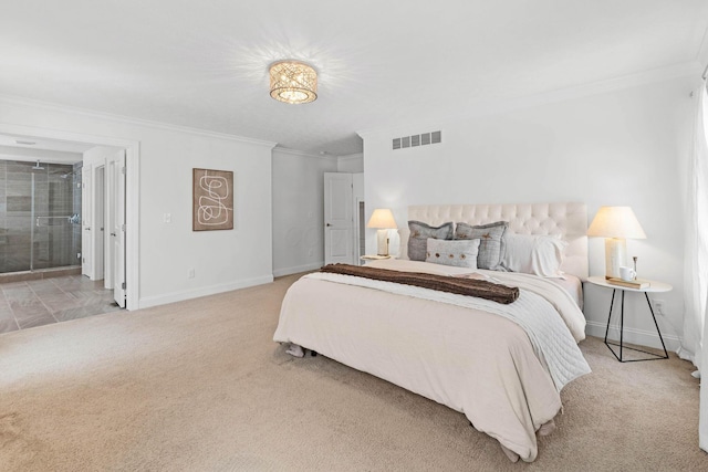 carpeted bedroom with crown molding