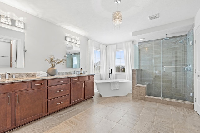 bathroom featuring independent shower and bath and vanity