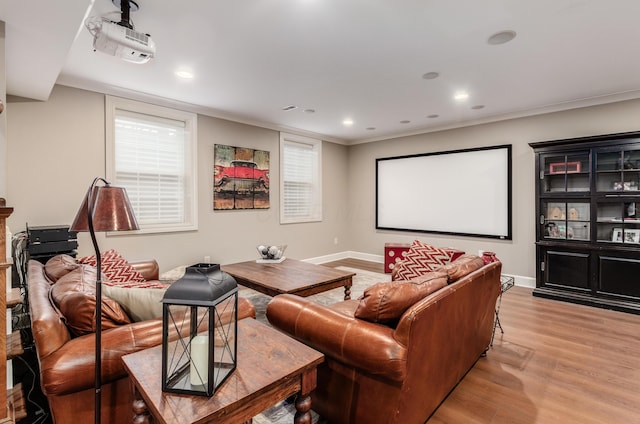 home theater with crown molding and light hardwood / wood-style flooring