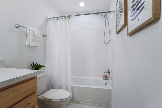 full bathroom with vanity, shower / bath combination with curtain, and toilet