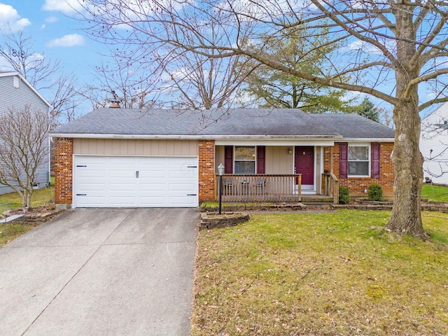 single story home with a front yard, a porch, and a garage