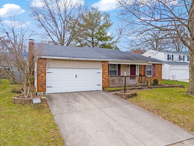 single story home featuring covered porch, a front yard, and a garage