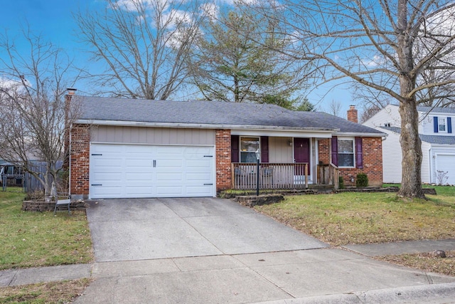 single story home with a front yard, a garage, and covered porch