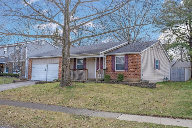 single story home with a porch, a garage, and a front lawn