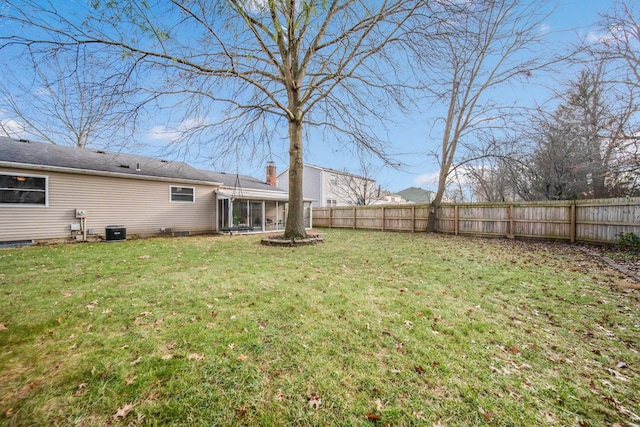 view of yard with central air condition unit and a sunroom