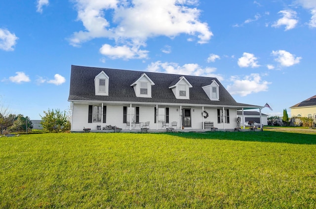 cape cod house featuring a porch and a front lawn