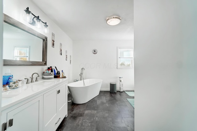 bathroom featuring a healthy amount of sunlight, vanity, and a bathing tub