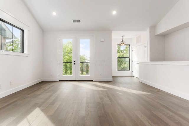 spare room featuring french doors, a healthy amount of sunlight, lofted ceiling, and hardwood / wood-style flooring