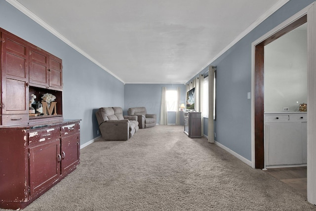 carpeted living room with crown molding