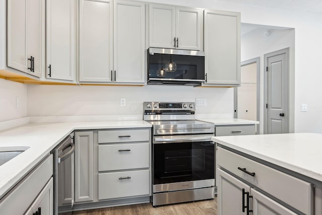 kitchen with gray cabinetry, hardwood / wood-style floors, and appliances with stainless steel finishes