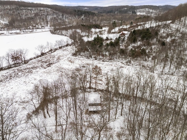 snowy aerial view with a mountain view