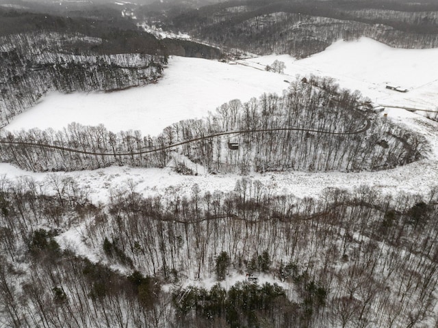 snowy aerial view with a mountain view